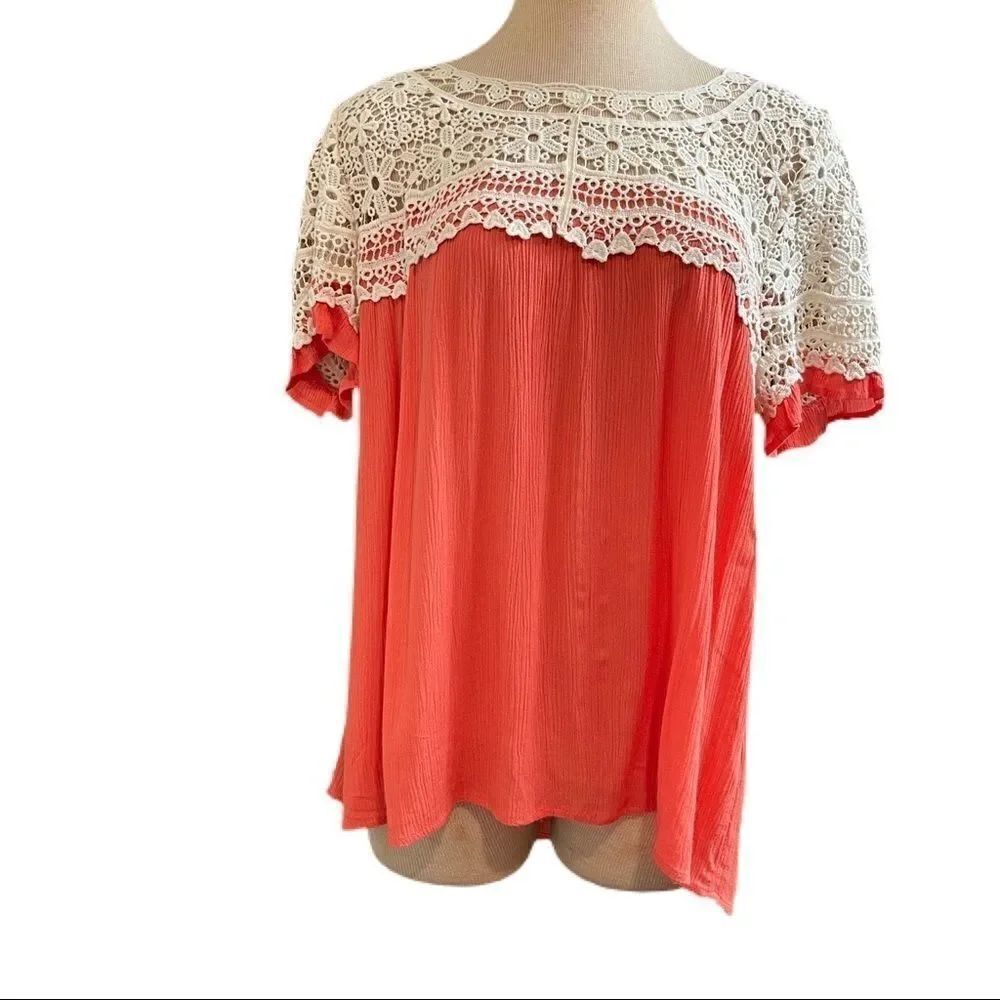 ENTRO Orange Lacey Top Tunic Size Large
